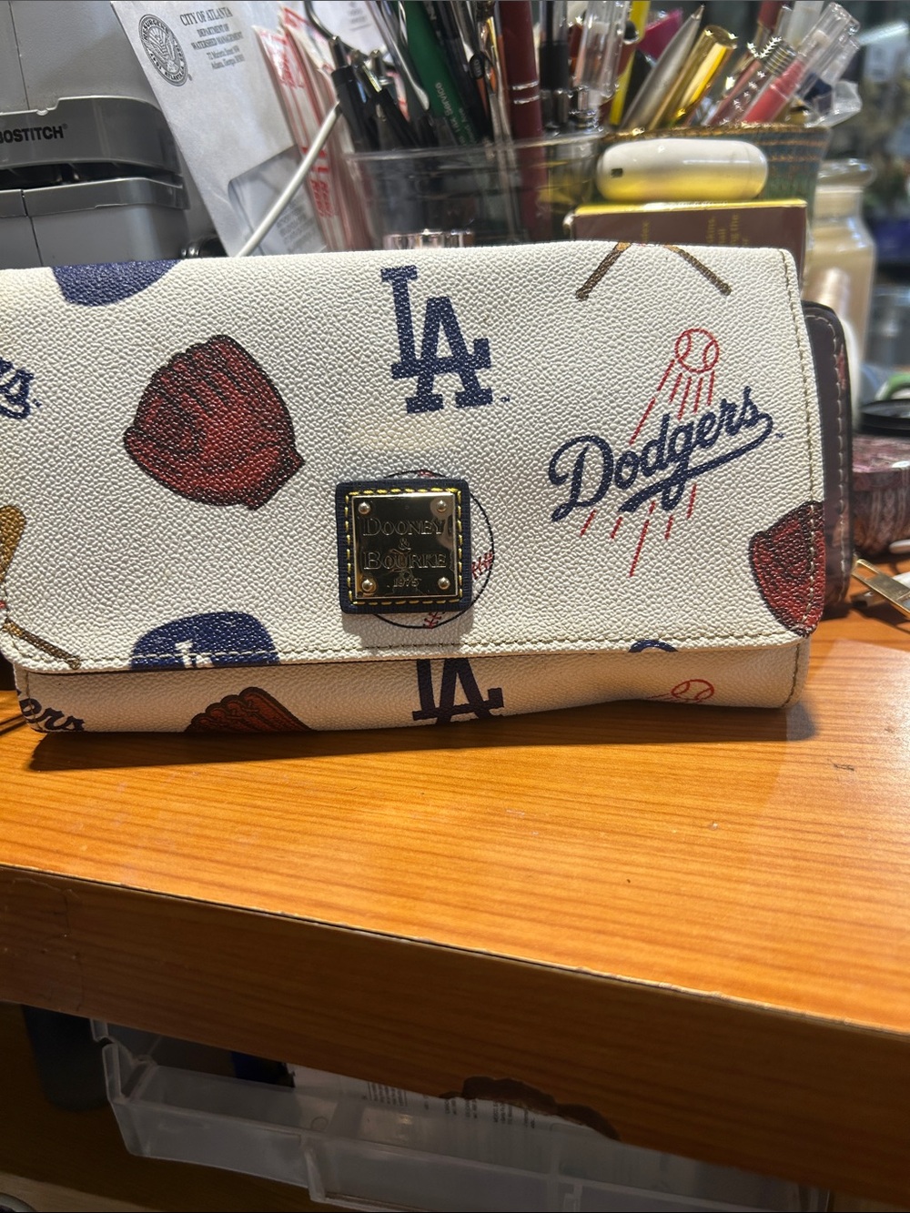 Dooney & Bourke Cream Dodgers Logo Continental Wallet with Navy and Red Accents